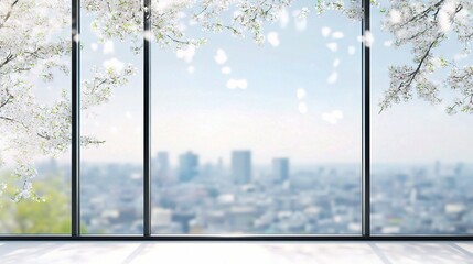 Blurred City Background with Glass Walls and Spring Blossoms