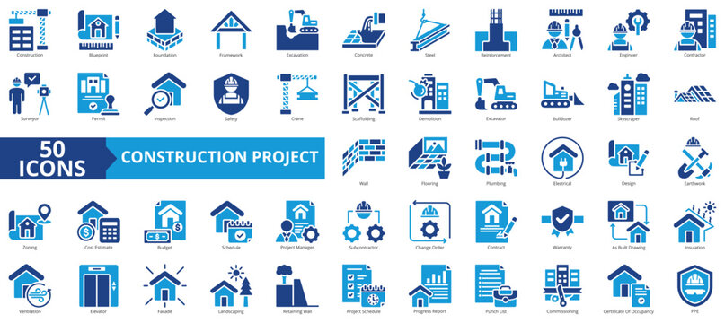 Construction project icon collection set. Containing design, blueprint, foundation, framework, excavation, concrete, architect, steel icon. Simple flat vector.