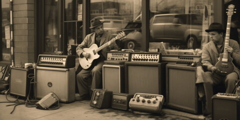 instrument shop, early days of electric guitar.