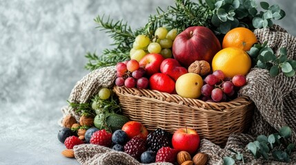 [Sustainable Picnic dining food] Vibrant Fruit Basket Arrangement in a Natural Setting