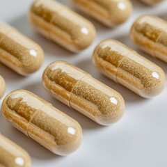 Medical capsules, isolated, white background, close up, space for text