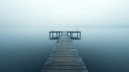 Obraz premium Wooden pier extending into a foggy lake.