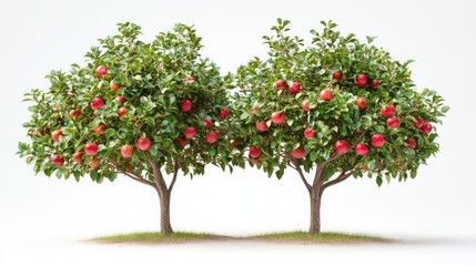 Two lush apple trees laden with ripe, red apples, set against a clean white background.
