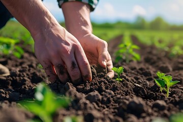 Close up of farmer hands planting pepper seedlings in the field