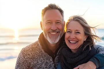 Happy couple enjoying a beautiful sunset by the sea, radiating love and joy. Perfect for themes of romance, happiness, and serene moments in nature.
