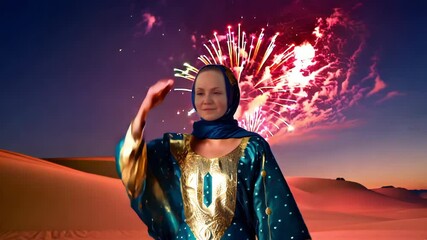 Young woman in traditional Arabian dress - abaya stands on the mounting at the desert and looks on the fantastic fireworks show 