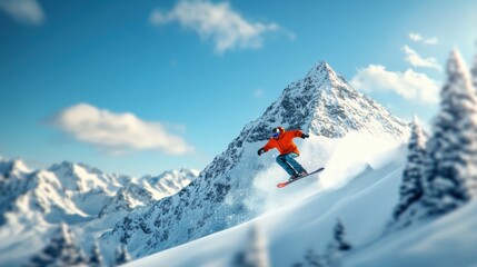 Fototapeta premium Snowboarder Performing Tricks on Fresh Powder in a Stunning Mountain Landscape Under a Bright Sky