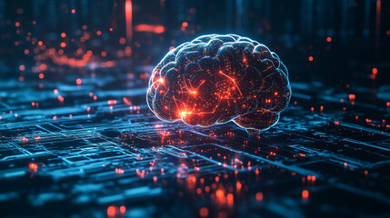 "Digital brain with glowing red neural circuits on futuristic technology background"
