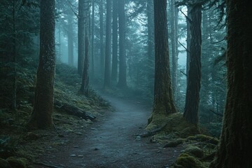 Obraz premium Misty forest path surrounded by tall trees invites exploration at dawn in a tranquil wilderness