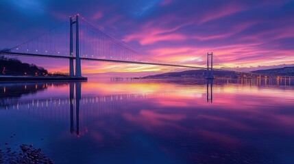 Obraz premium Vibrant sunset reflecting on calm water with a suspension bridge.