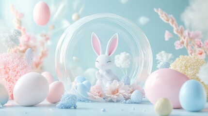 Soft pastel decor with a white bunny and colorful eggs for a joyful spring celebration