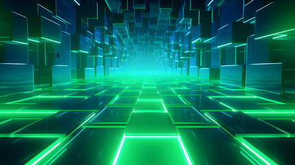Naklejka premium 3d rendering of mind green and blue abstract geometric background. Scene for advertising, technology, showcase, banner, game, sport, cosmetic, business, metaverse. Sci-Fi Illustration. Product displa