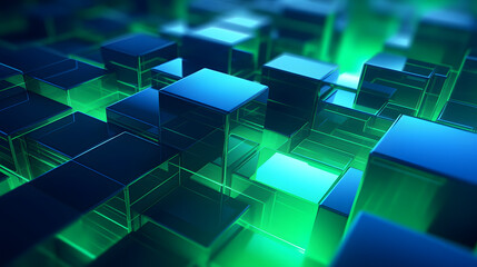 Naklejka premium 3d rendering of mind green and blue abstract geometric background. Scene for advertising, technology, showcase, banner, game, sport, cosmetic, business, metaverse. Sci-Fi Illustration. Product displa