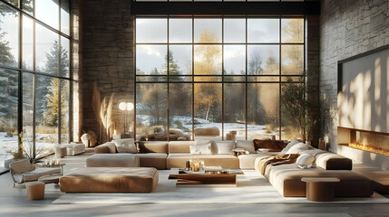 Naklejka premium Modern Living Room Design: Sectional Sofa, Fireplace, Winter View