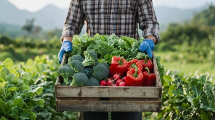 Fototapeta premium Farmer holding a wooden crate of fresh vegetables in a green field