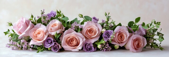 Beautiful arrangement of pink and purple roses with greenery for an elegant floral display