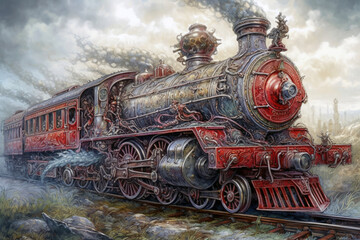 Obraz premium fantastic fabulous locomotive, steam from a pipe, steampunk., watercolor style, 
