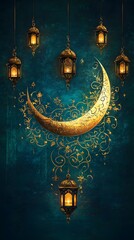 Golden crescent moon with ornate details and hanging lanterns on a teal background.