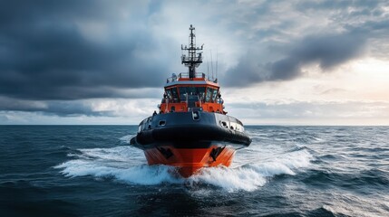 Fototapeta premium Powerful Tugboat Navigating Tranquil Waters Under Cloudy Skies with Radiant Sunlight Breaking Through on a Calm Day at Sea