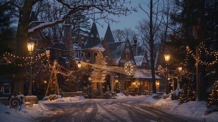 Snow-covered fairytale castle at night, illuminated with warm Christmas lights.