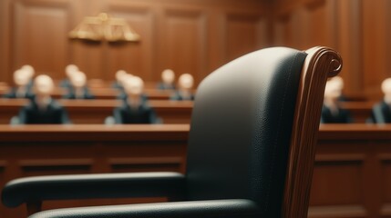 A close-up of an empty chair in a courtroom, symbolizing legal proceedings and the judicial system's formality.