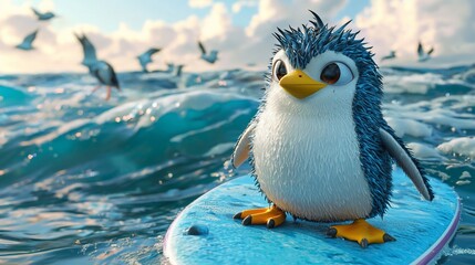 Fototapeta premium Cute penguin surfing ocean waves with seagulls.