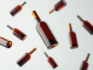 Obraz premium Elegant Wine Bottles Falling Through the Air on a White Background in a Minimalist Product Advertisement Style