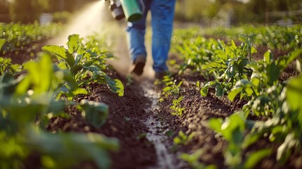 Naklejka premium Farmer spraying vegetable crops in a field at sunrise