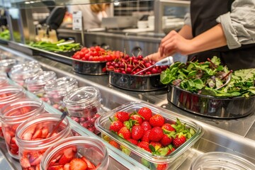 Obraz premium Fresh strawberries, cherries, and greens displayed in a modern food preparation area.