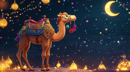 Dazzling camel under starry sky magical night scene animated fantasy whimsical environment