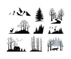 Fototapeta premium Snowy Forest Path Silhouette Collection Vector Template