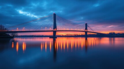 Obraz premium Sunrise over cable-stayed bridge reflecting on calm water.