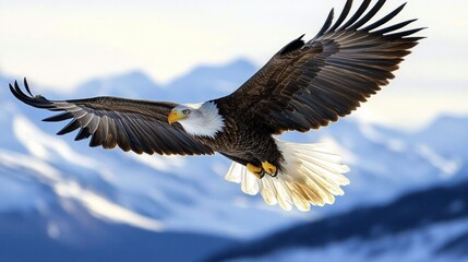 Obraz premium Majestic bald eagle in flight over snow-capped mountains.