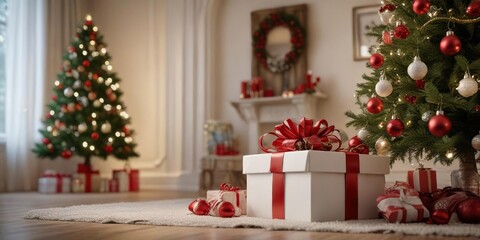A beautifully decorated Christmas tree is adorned with ornaments and lights, topped with a stunning white and red gift box, decorations, lights, presents