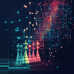 Abstract chess pieces on digital board, strategy concept.