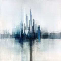 Obraz premium Abstract city skyline reflected in water, hazy blue tones.