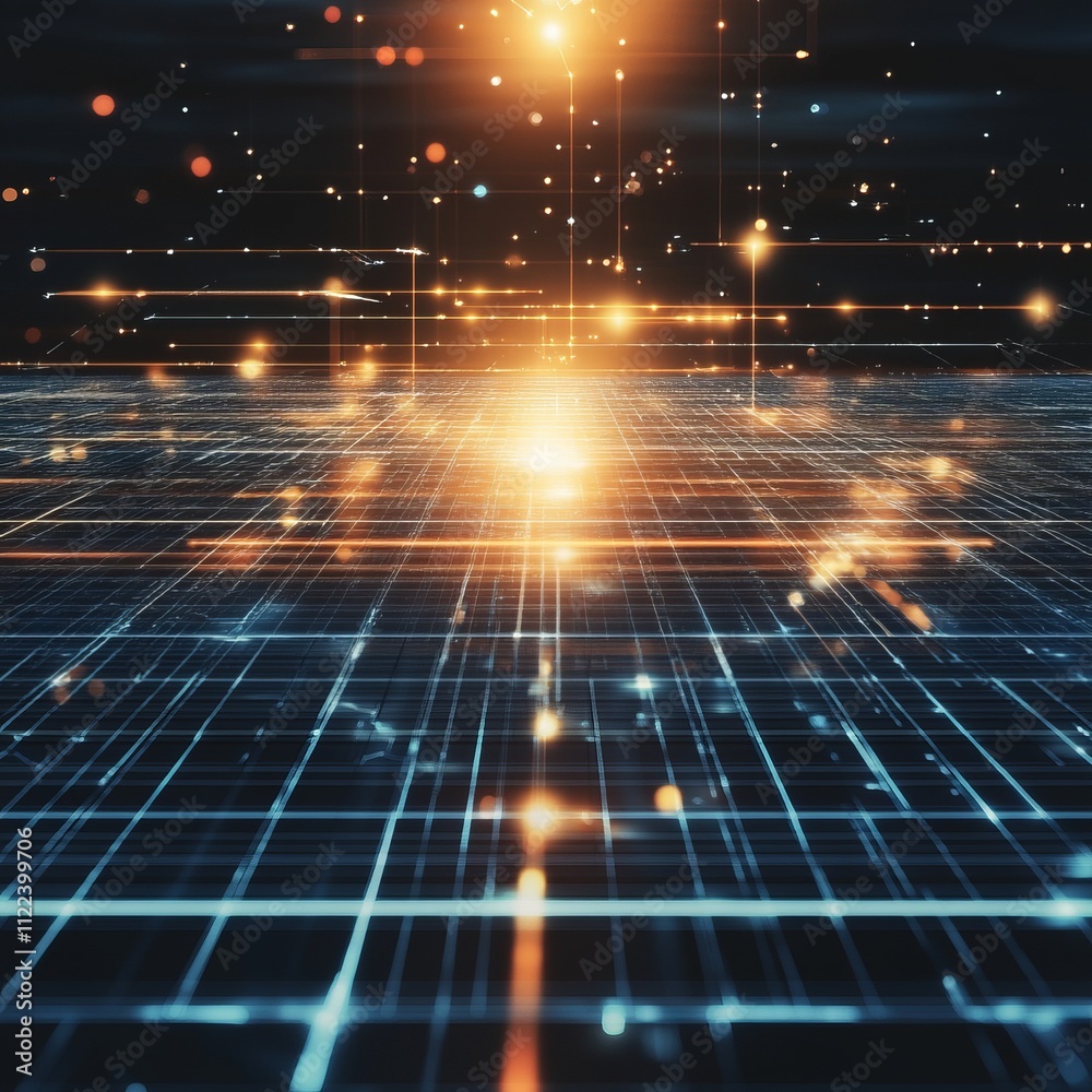 Poster abstract digital grid with glowing lines and particles.