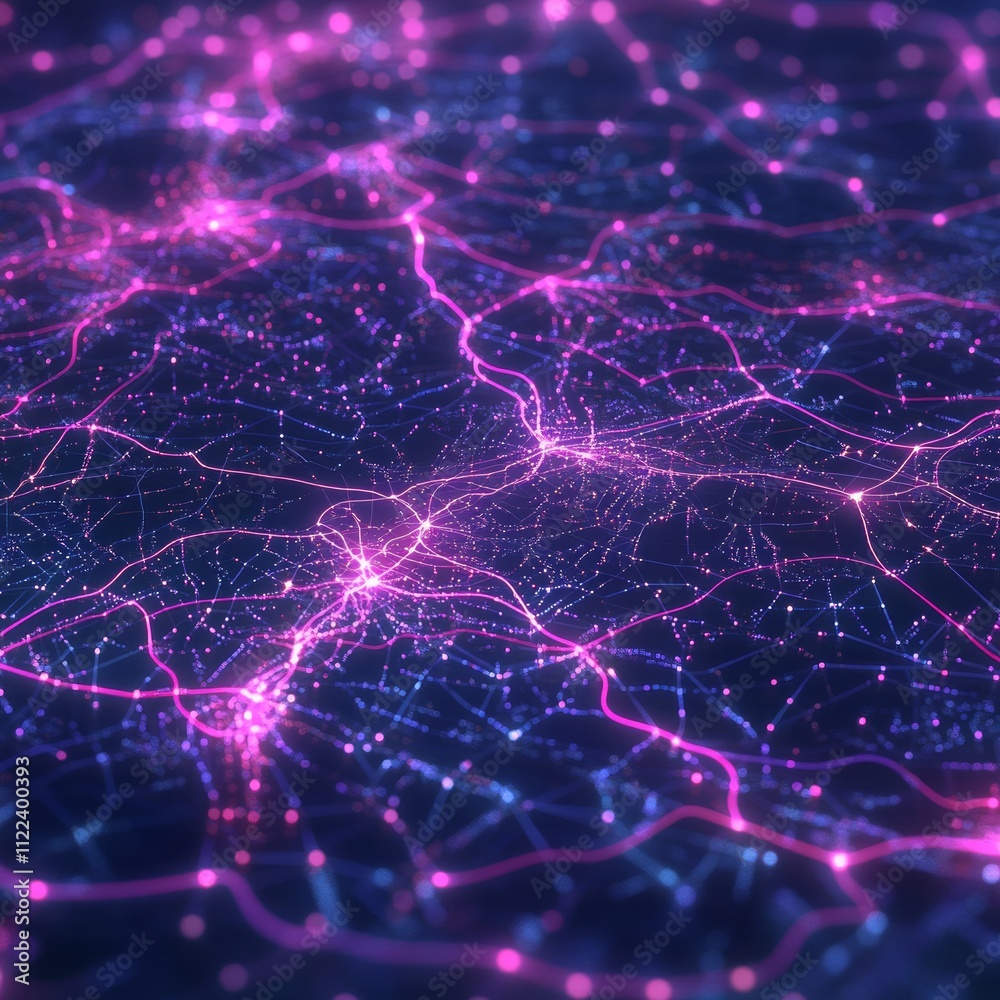 Poster abstract glowing network map with nodes and lines.