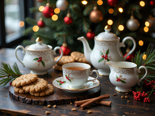 Fototapeta premium Festive tea set with cookies surrounded by christmas decorations and warm lights, photography of still life concept.