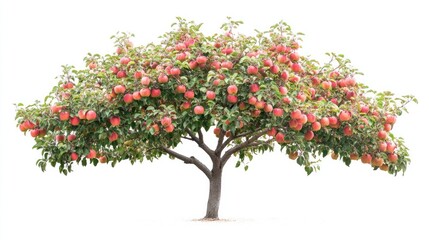 Abundant red apples laden on a lush, full apple tree isolated on white.