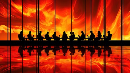 Business meeting amid fiery background urban office abstract photography dynamic environment