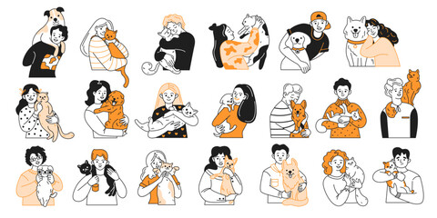 Happy owners embracing beloved pets color linear icons collection. People hugging cats and dogs expressing love and care on white background