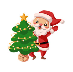 Obraz premium Positive Santa dancing near Christmas tree flat color vector character. Happy Saint Nicholas with traditional holiday decor illustration on white