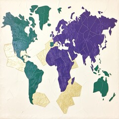 Obraz premium Abstract world map divided into teal, purple, and gold sections.