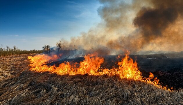 A controlled fire burning in a field for land clearing, with low, steady flames creating a safe and efficient burn.