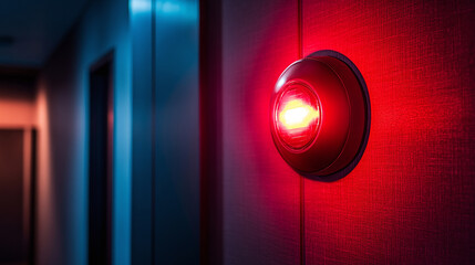 Emergency red light exit alarm on the wall in the building interior. danger warning for rescue evacuation because of the fire, protection, safety and security system. caution signal, urgency siren.