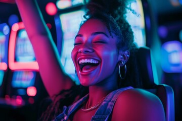 Joyful woman celebrating a win in a vibrant casino at night with neon lights glowing around her