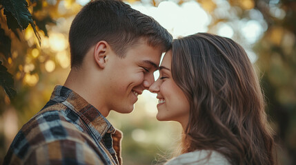 Fototapeta premium Side view portrait of happy smiling young couple kissing, man and woman or husband and wife isolated. romantic guy and girl love relationship, together, beautiful, feelings.