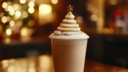 a latte topped with a Christmas tree-shaped foam design, with a blurred festive background