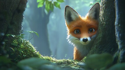 Fototapeta premium Adorable fox kit peeking from forest foliage.